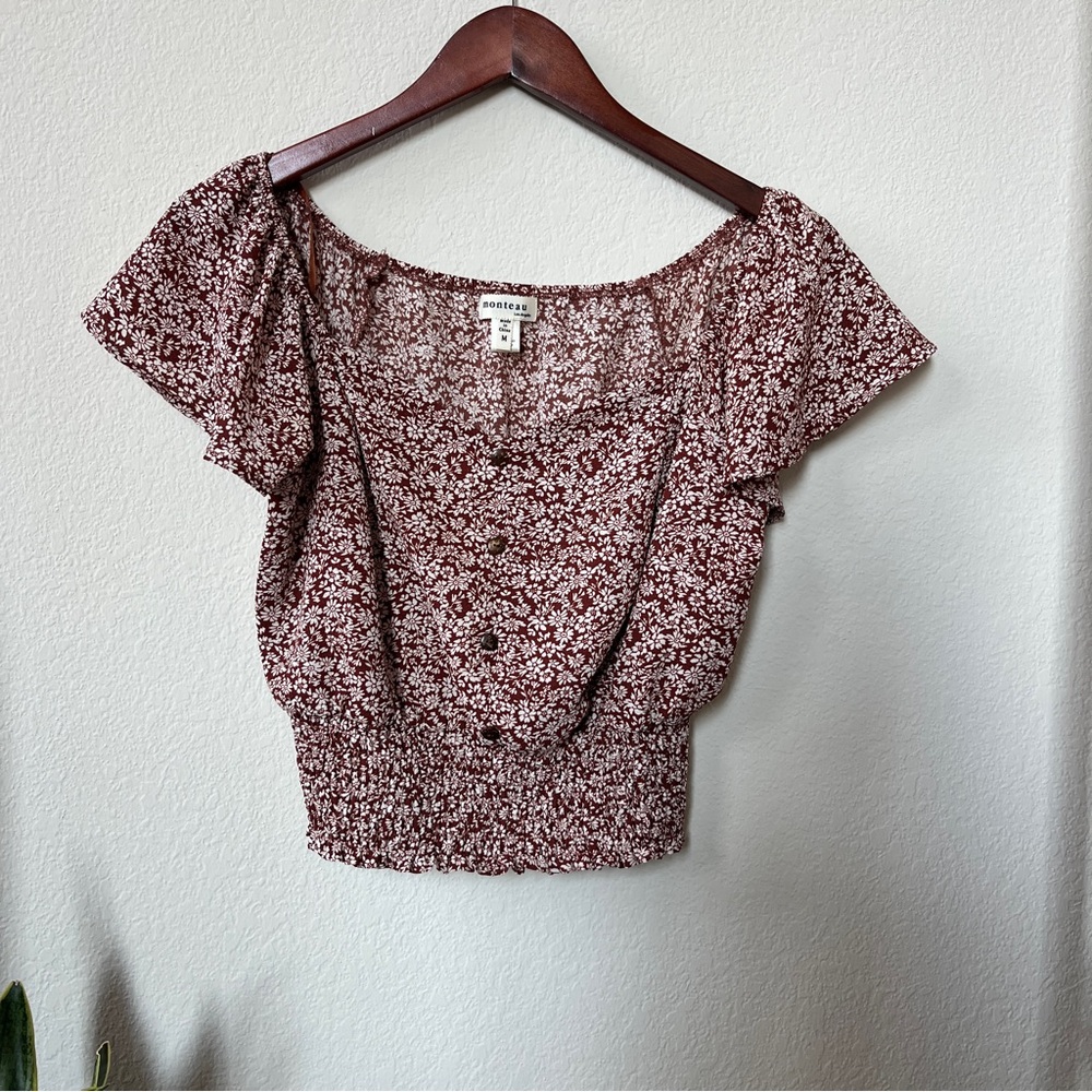 Monteau Boho Floral Ruched Flutter Sleeve Blouse